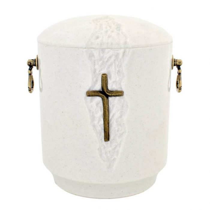 Balta matinė urna su rankenėlėmis ir stilizuotu kryželiu
