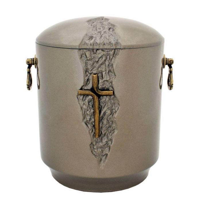 Rusva matinė urna su rankenėlėmis ir stilizuotu kryželiu
