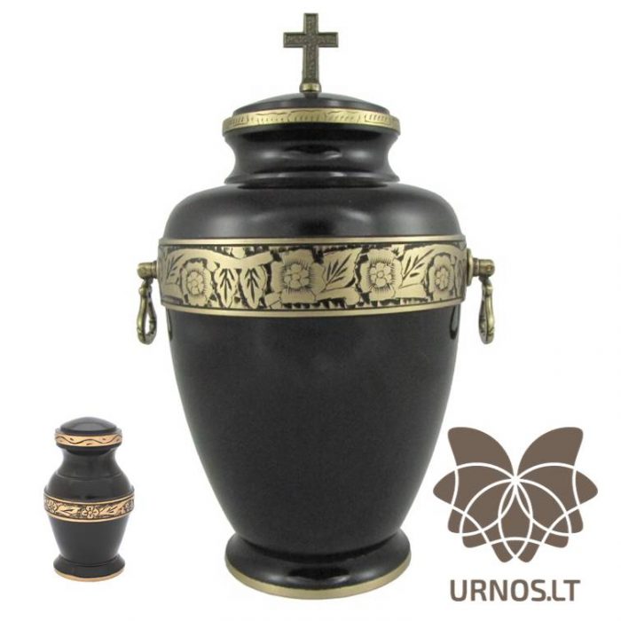 Juoda žalvarinė urna su aukso spalvos ornamentų juostelėmis