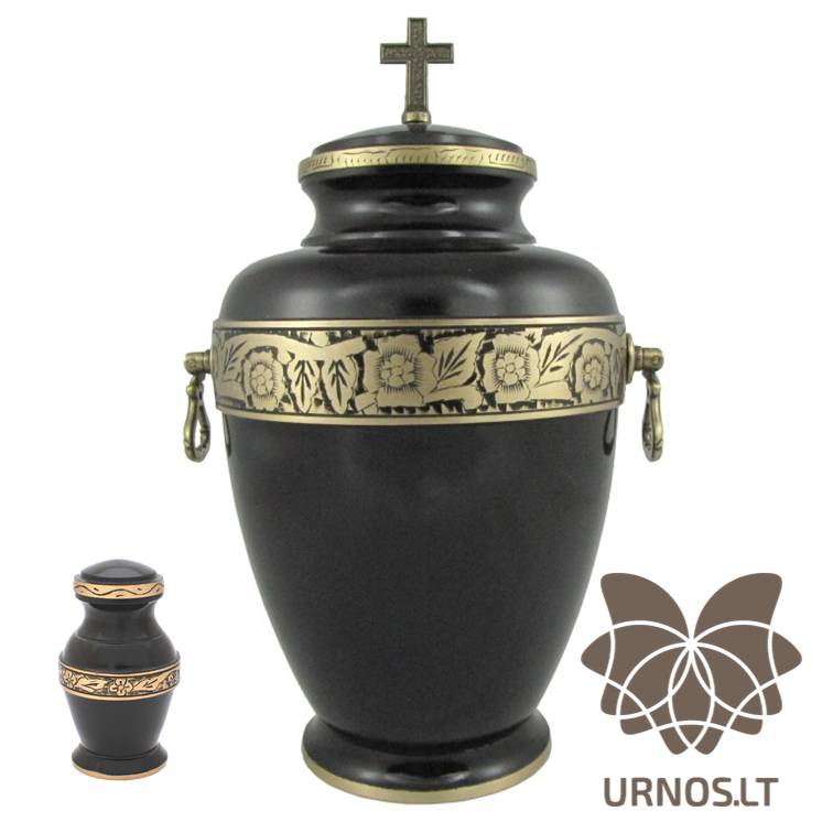 Juoda žalvarinė urna su aukso spalvos ornamentų juostelėmis